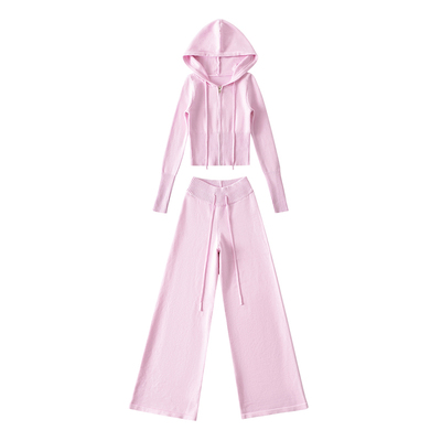 连帽拉链开衫高腰休闲裤针织套装