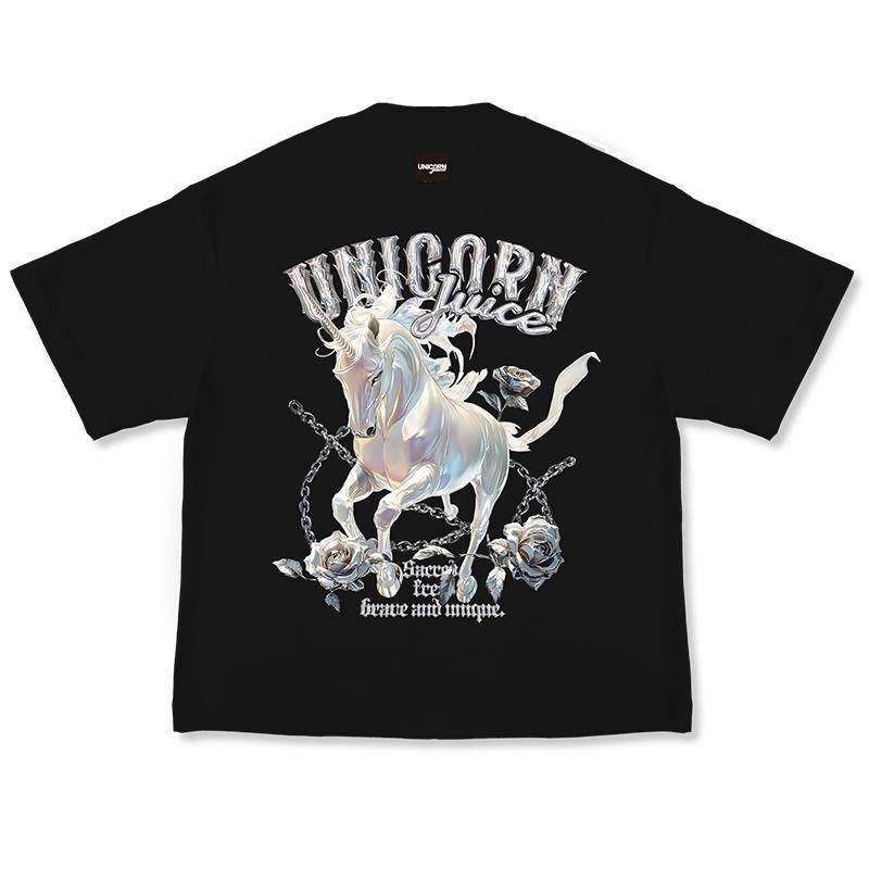 JuiceUnicorn2025重磅纯棉落肩短袖男女宽松独角兽玫瑰链美式潮牌