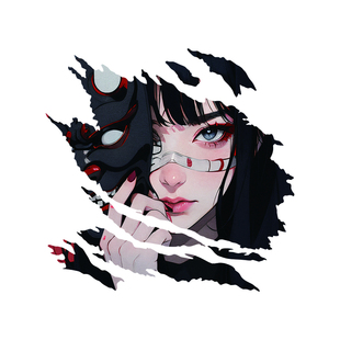 般若面具女孩贴花日式撕裂风格电车摩托车头盔装饰贴画