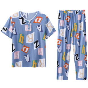 男童棉绸睡衣男长袖人造棉套装初中学生大童夏季薄款青少年家居服