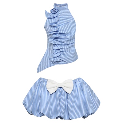 夏季可爱花苞蓝白条纹两件套