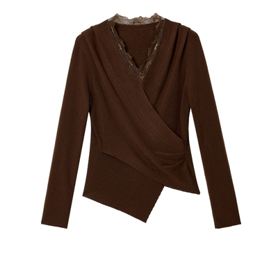 蓝语法式别致V领蕾丝打底衫上衣