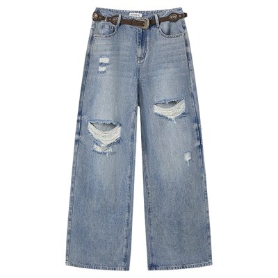 破洞休闲风牛仔阔腿裤