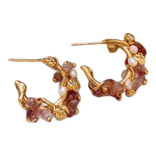 金色C圈珍珠花朵耳钉女高级感轻奢耳环2026新款爆款独特绝美耳饰