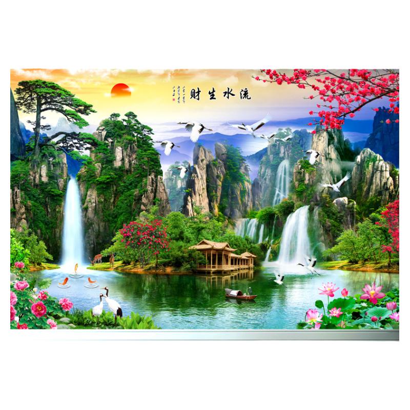 墻紙自粘山水畫(huà)風(fēng)水墻畫(huà)流水生財(cái)