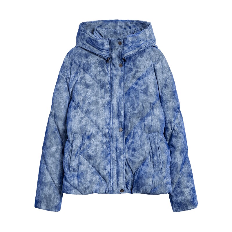 Desigual26新品仿牛仔斑驳印花三角绗线连帽女士羽绒服