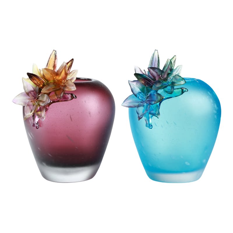琉璃百合花瓶蓝色水晶桌面摆件
