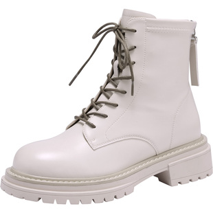 色非高帮系带马丁靴女款2025秋冬新款靴子厚底增高显脚小圆头鞋子