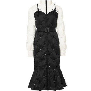 2025冬季新款时尚气质复古灯笼袖收腰鱼尾中长款钉珠羽绒服外套