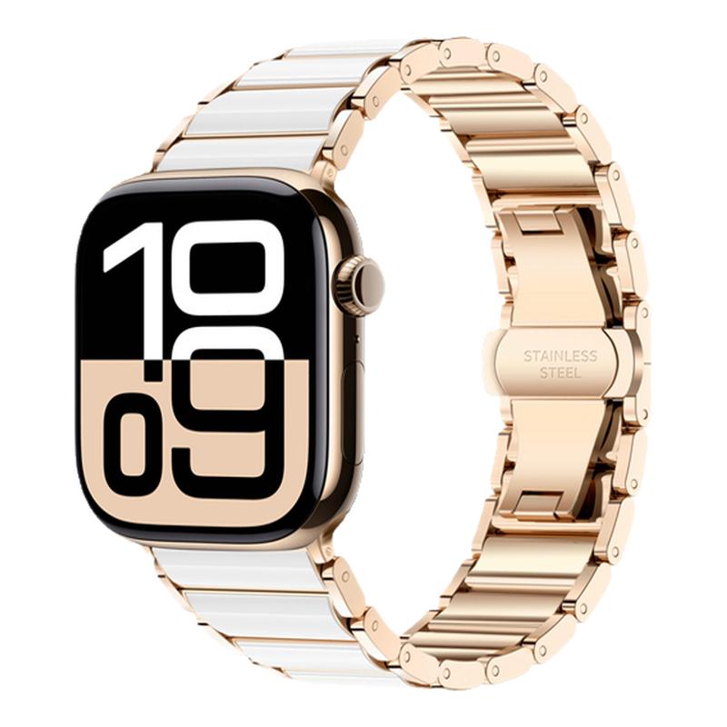 适用苹果手表iwatch10表带新款陶瓷冰凉s10夏天链式s9高级感轻奢ultra2自由拆卸调节s8女款运动防水防汗合金