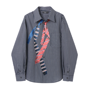 白口阳【费尔顿学院】设计感印花衬衫男薄款长袖条纹衬衣宽松韩版
