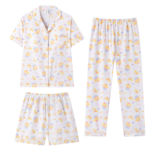 胸垫款家居服套装女夏季短袖开衫卡通印花睡衣可外穿