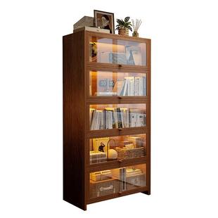 实木收纳柜储物柜一体靠墙胡桃木色柜子家用防尘书柜展示柜小矮柜