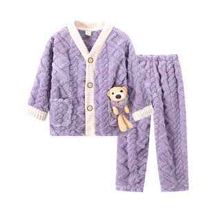 秋冬季儿童法兰绒睡衣男童女童加厚珊瑚绒绒母女亲子装家居服套装