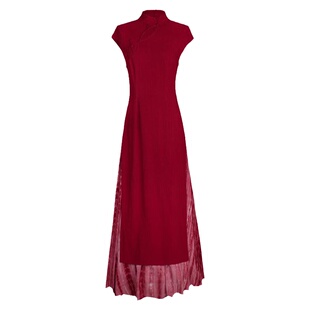 拟梦绯色国风原创酒红色旗袍新中式开叉奥黛连衣裙扎染显瘦两件套