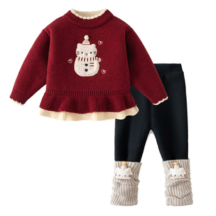 女童套装26新冬装宝宝新年红色毛衣加绒打底裤两件套儿童衣服洋气