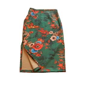 春秋民族风厚鹿皮复古绿色旗袍式侧开叉半身裙修身一步裙高腰包臀