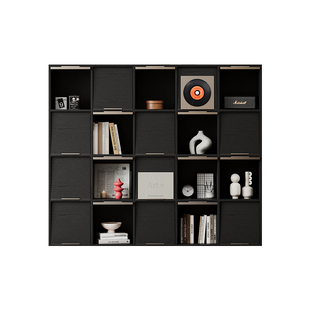 黑色实木落地书柜格子柜客厅模块组合矮杂志柜展示柜斗柜皮埃尔柜