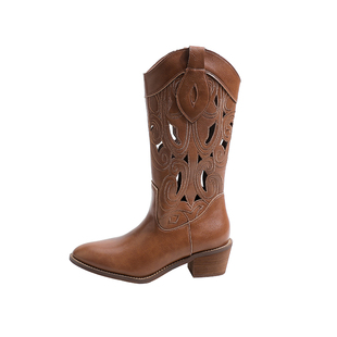 真皮~骄屿复古镂空西部牛仔靴2025夏新款短靴方头凉靴刺绣骑士靴