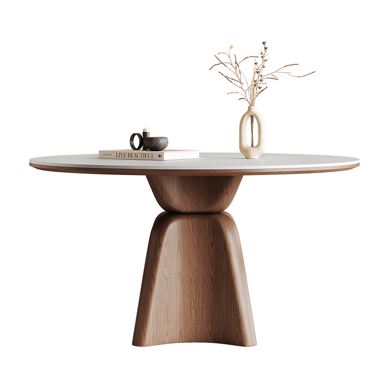 中古实木餐桌圆形家用1.2米意式轻奢侘寂风新款全托哑光岩板餐桌