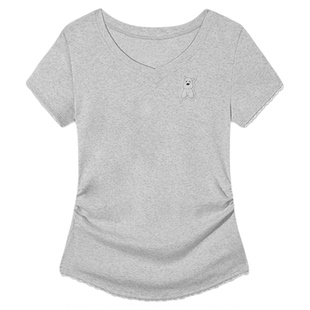 PSO Brand女装假两件V领蕾丝拼接修身针织短袖T恤正肩女士上衣夏