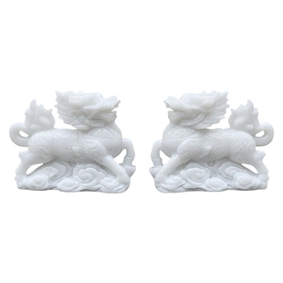 白玉麒麟摆件一对 玉石祥瑞麒麟镇宅招财 办公室风水摆件开业乔迁