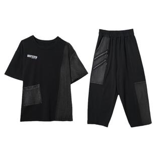 大码时尚休闲套装女2026新款夏季胖MM宽松拼接牛仔短袖裤子两件套