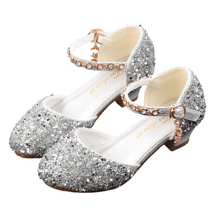 儿童高跟鞋女公主表演皮鞋银色女孩水晶鞋配女童模特走秀礼服鞋子