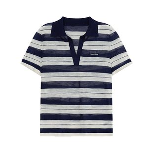 FF仿佛针织衫女2026春季新款海军风v领polo衫条纹透气短袖上衣T恤