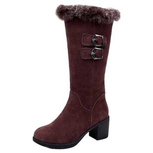 雪地靴女皮面高跟兔毛靴子2025冬季新款毛靴中筒靴大码414243女靴