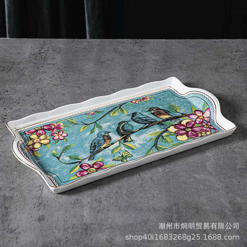 陶瓷家用托盘轻奢精致盘优雅水果盘盘金边实用欧式长方蛋糕收纳