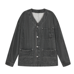 速写男装春秋新款无领牛仔夹克宽松休闲舒适前卫时髦长袖外套