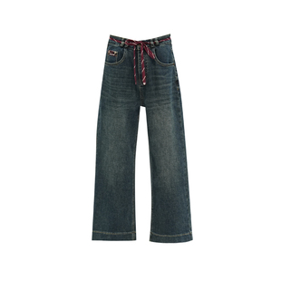 复古时髦休闲百搭女牛仔长裤2025秋季新款红色系腰绳奶奶裤直筒裤