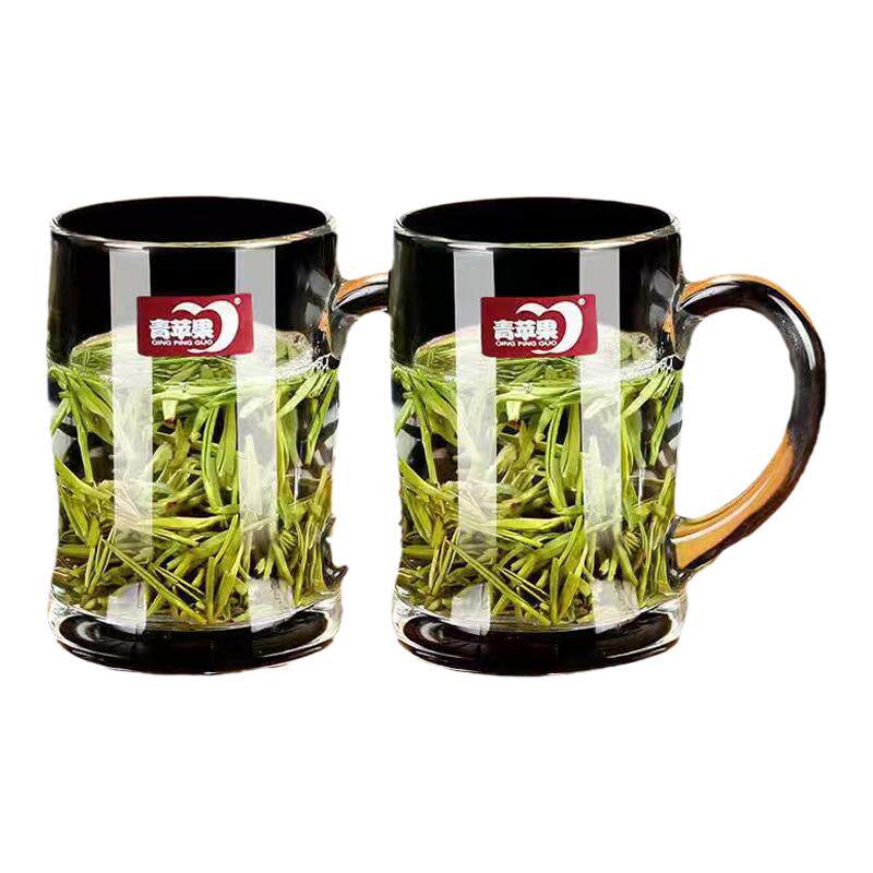 青苹果加厚玻璃杯泡茶杯耐热水杯把手饮料杯无盖杯子啤酒杯牛奶杯