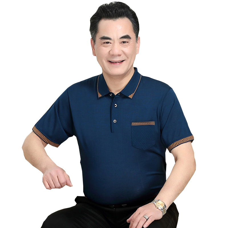 爸爸夏装短袖冰丝t恤衫中老年人翻领口袋体恤40-60岁男士装上衣薄