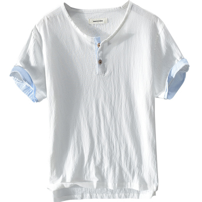 夏季拼接圆领休闲短袖棉麻T恤潮