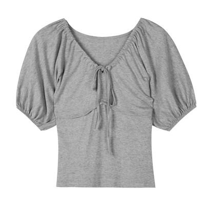 oooodd漂亮不撞款V领泡泡袖T恤