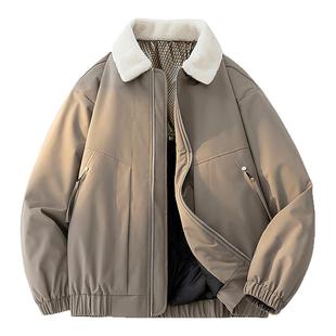 胖胖哥日系翻领羊羔毛夹克棉服男款冬季宽松加厚大码保暖棉衣外套