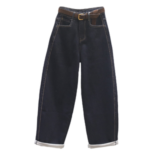 单宁蓝高腰弯刀牛仔裤女2025秋冬抓毛薄绒宽松休闲老爹阔腿镰刀裤