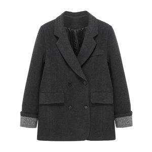 Basic House/百家好灰色翻领羽绒西装外套冬季高级感宽松加厚上衣