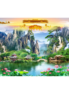 佛堂山水风景画壁纸小桥流水靠山招财背景墙纸天宫天庭仙道佛墙布