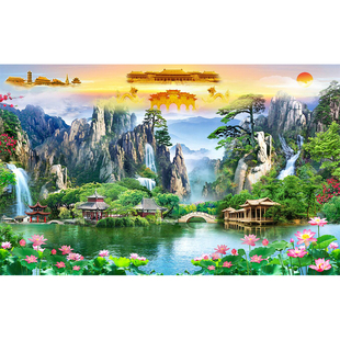 佛堂山水风景画壁纸小桥流水靠山招财背景墙纸天宫天庭仙道佛墙布