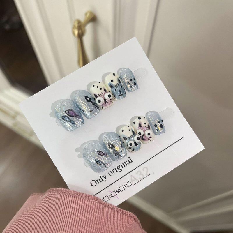 穿戴式穿戴甲手绘猫爱上鱼手工高级感穿戴甲片搞怪大眼睛手捏风