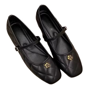 法式小香风菱格纹内增高黑色单鞋女2026秋冬山茶花浅口玛丽珍鞋子