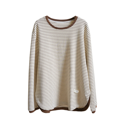 290g棉质细条纹女士圆领长袖T恤