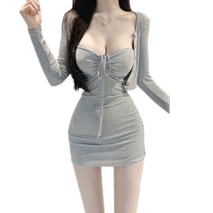 秋季开衫抹胸裙性感修身包臀挂脖低胸吊带连衣裙两件套纯欲套装女