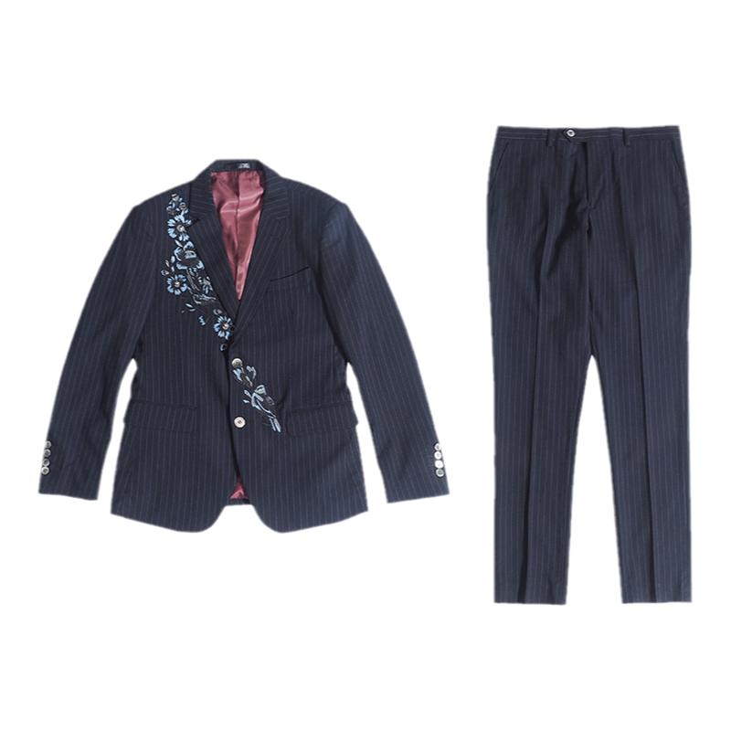 川泽男士条纹刺绣修身西服套装