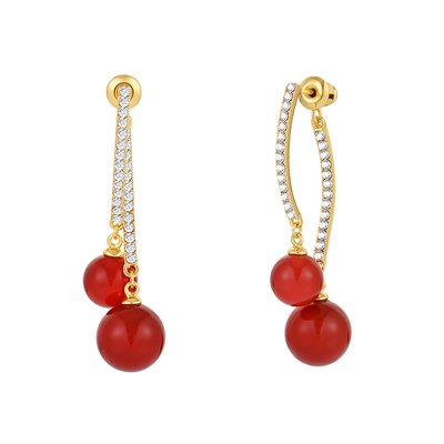 一撇一捺红玛瑙耳钉女双球耳环