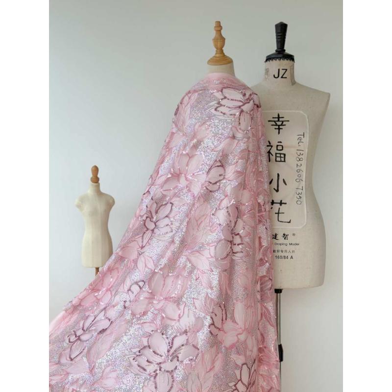 S3粉紫色亮片大花立体刺绣软网纱刺绣蕾丝布料旗袍服装面料