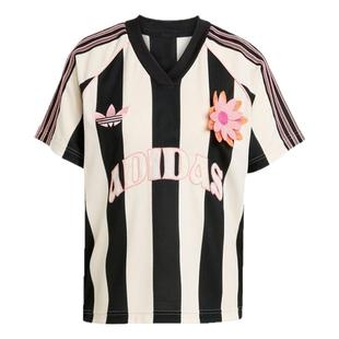 经典条纹立体钩针花朵V领提花短袖球衣女夏adidas阿迪达斯三叶草